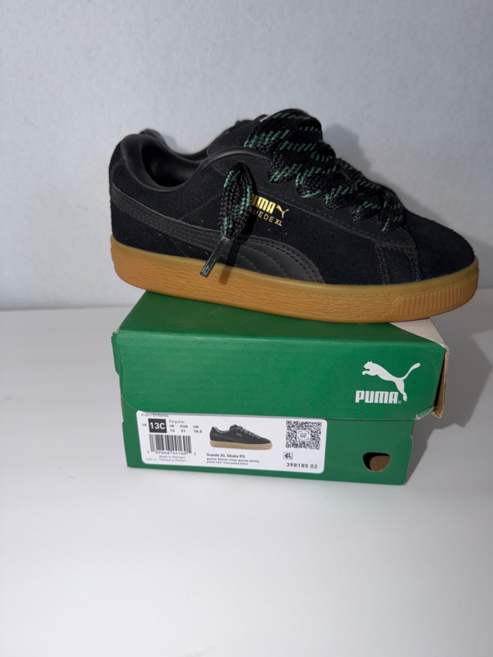 Puma Black Suede XL Skate Little Kid Sneakers with Gum Sole Green Accents Laces